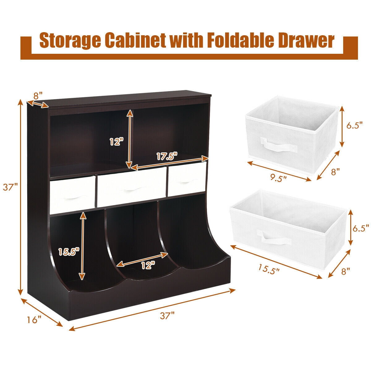 Freestanding Combo Cubby Bin Storage Organizer Unit W/3 Baskets-Brown Kids Crystal