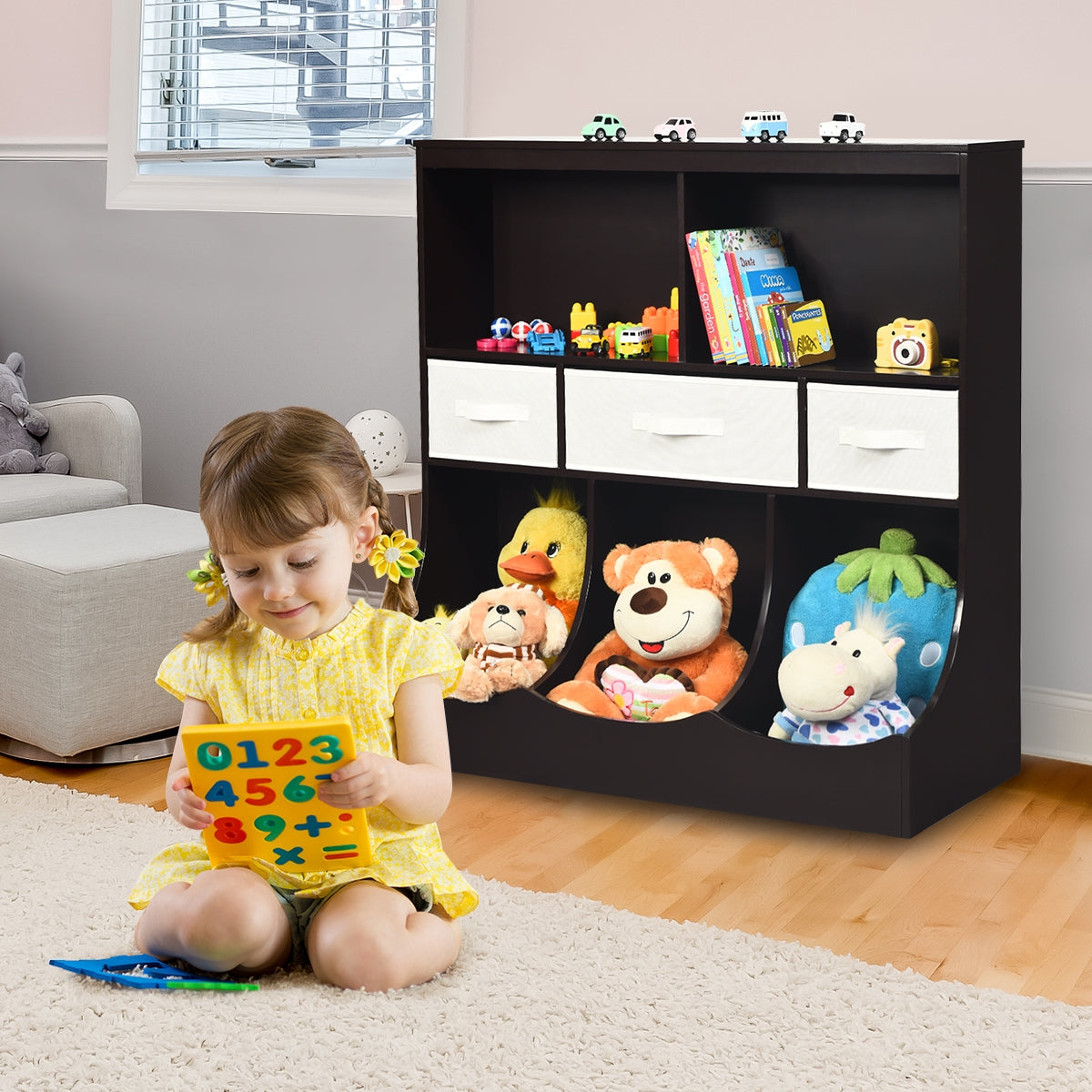 Freestanding Combo Cubby Bin Storage Organizer Unit W/3 Baskets-Brown Kids Crystal