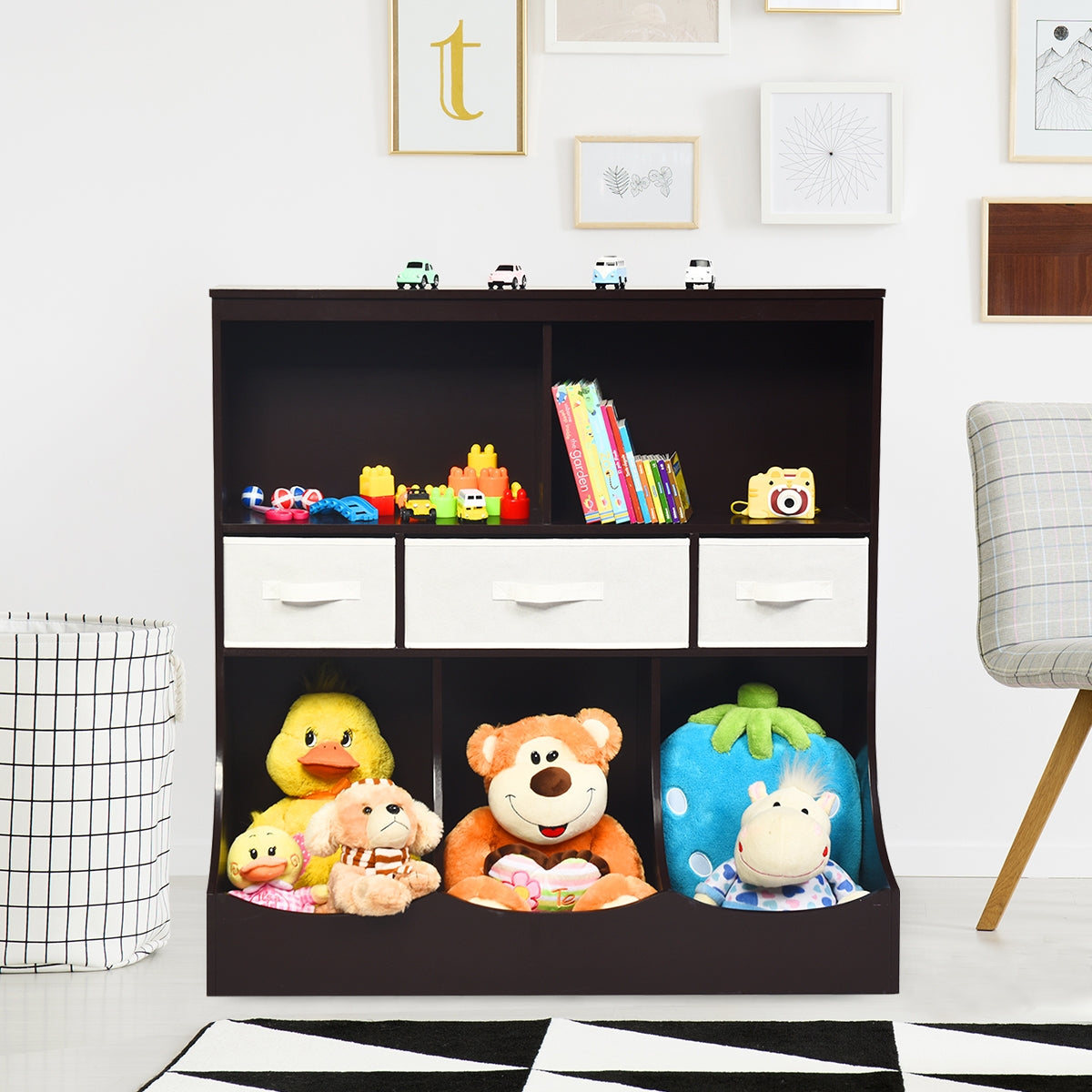Freestanding Combo Cubby Bin Storage Organizer Unit W/3 Baskets-Brown Kids Crystal