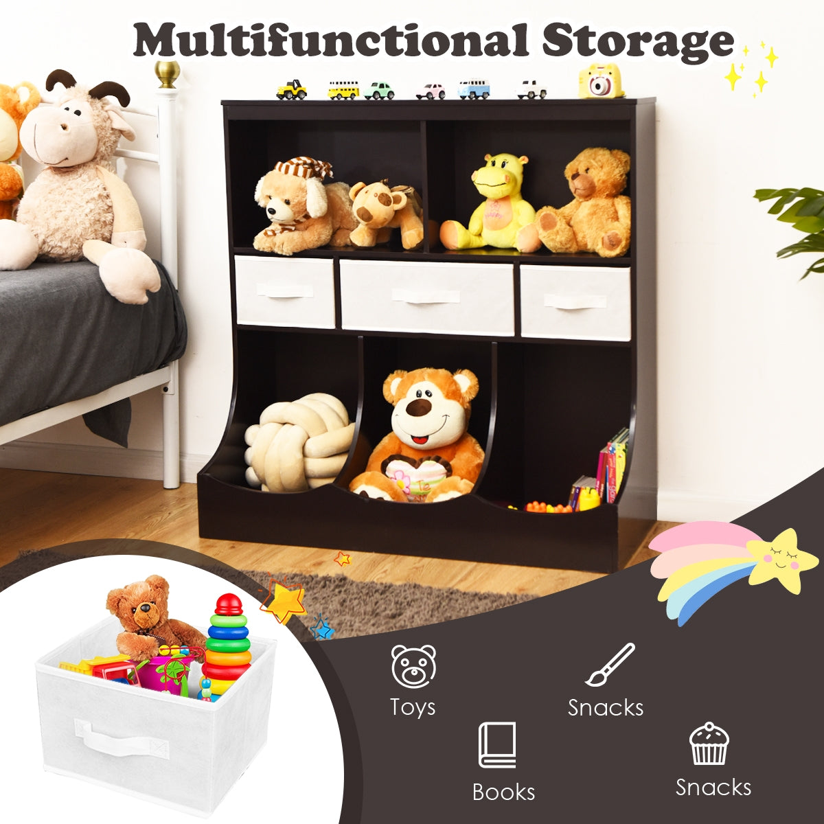 Freestanding Combo Cubby Bin Storage Organizer Unit W/3 Baskets-Brown Kids Crystal