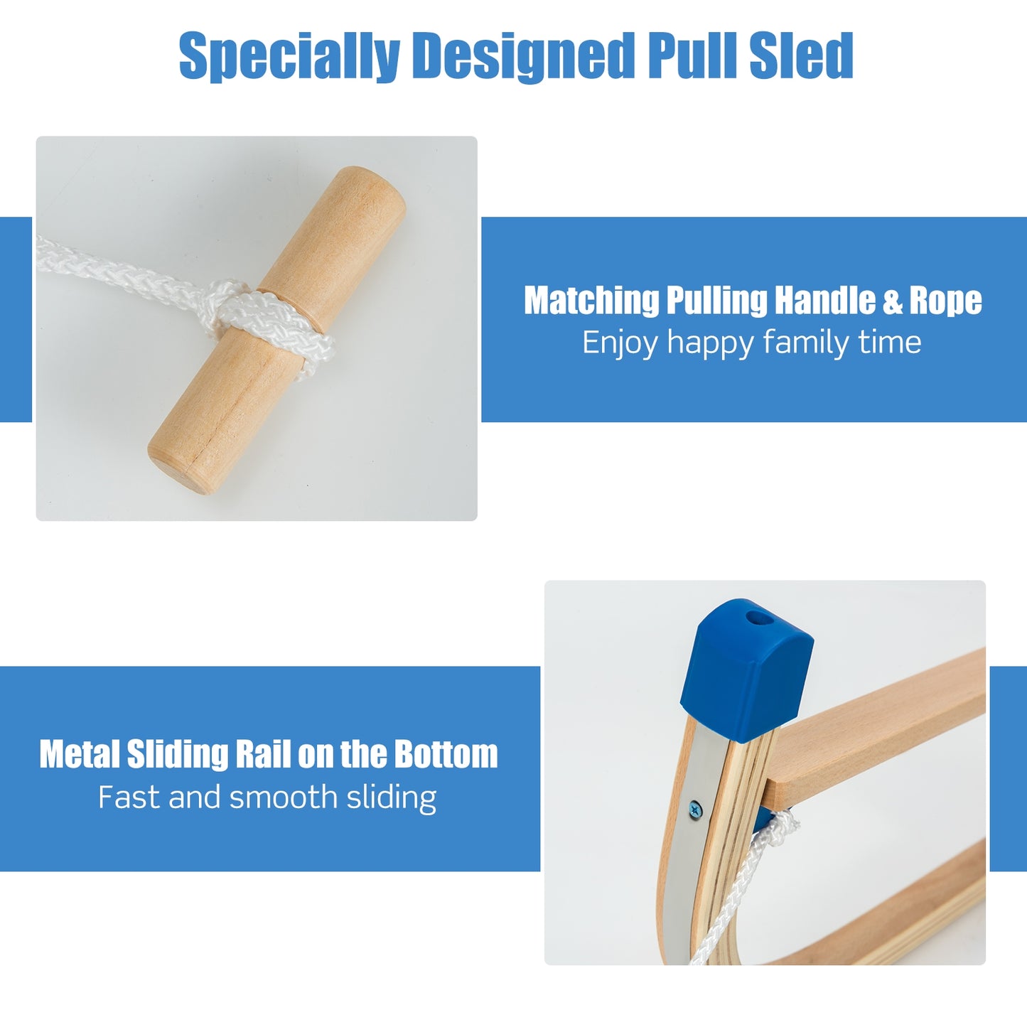 Folding Snowsled Portable Steering Slider with Pulling Ropes and Metal Rails Kids Crystal