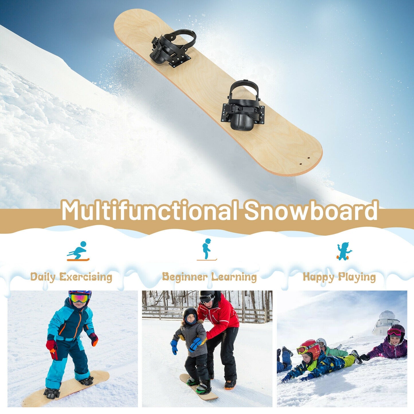 Winter Sports Snowboarding Sledding Skiing Board with Adjustable Foot Straps Kids Crystal