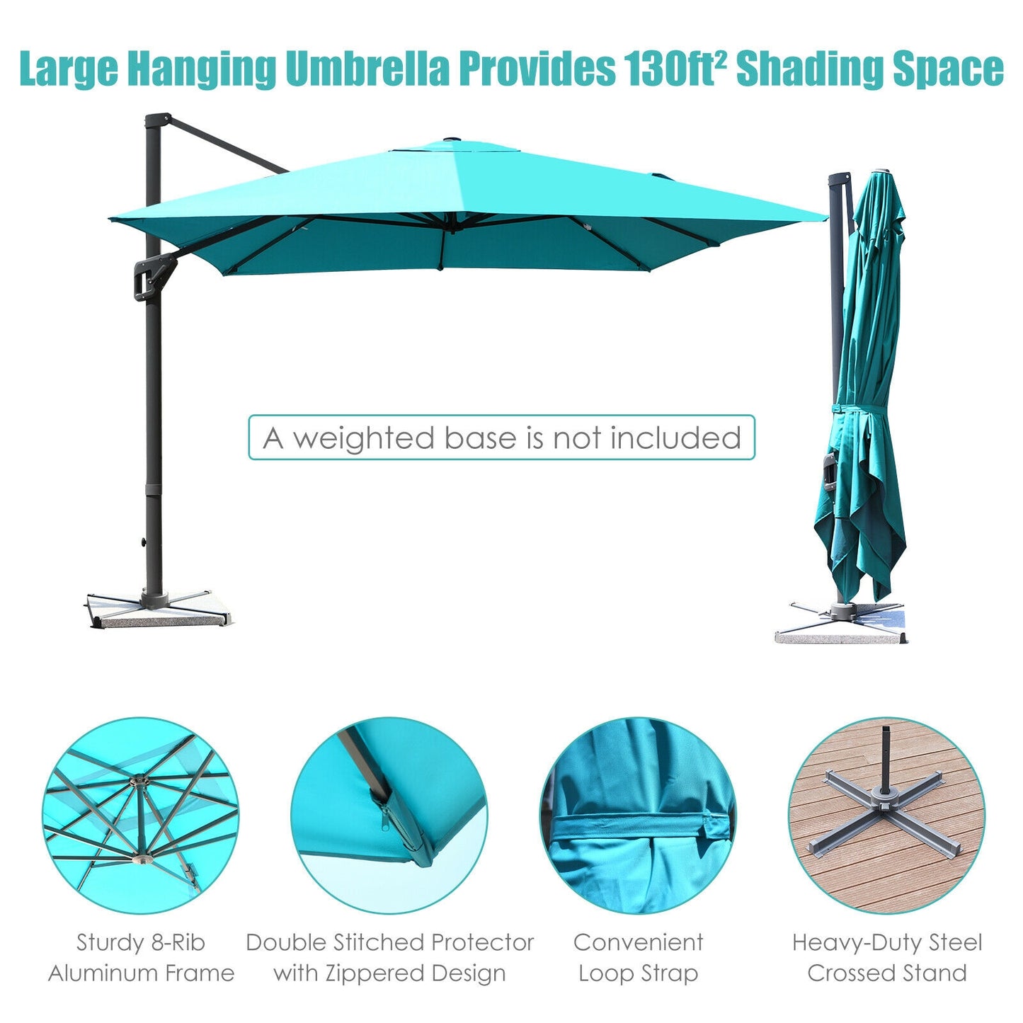 10 x13 Feet Rectangular Cantilever Umbrella with 360° Rotation Function-Turquoise Kids Crystal