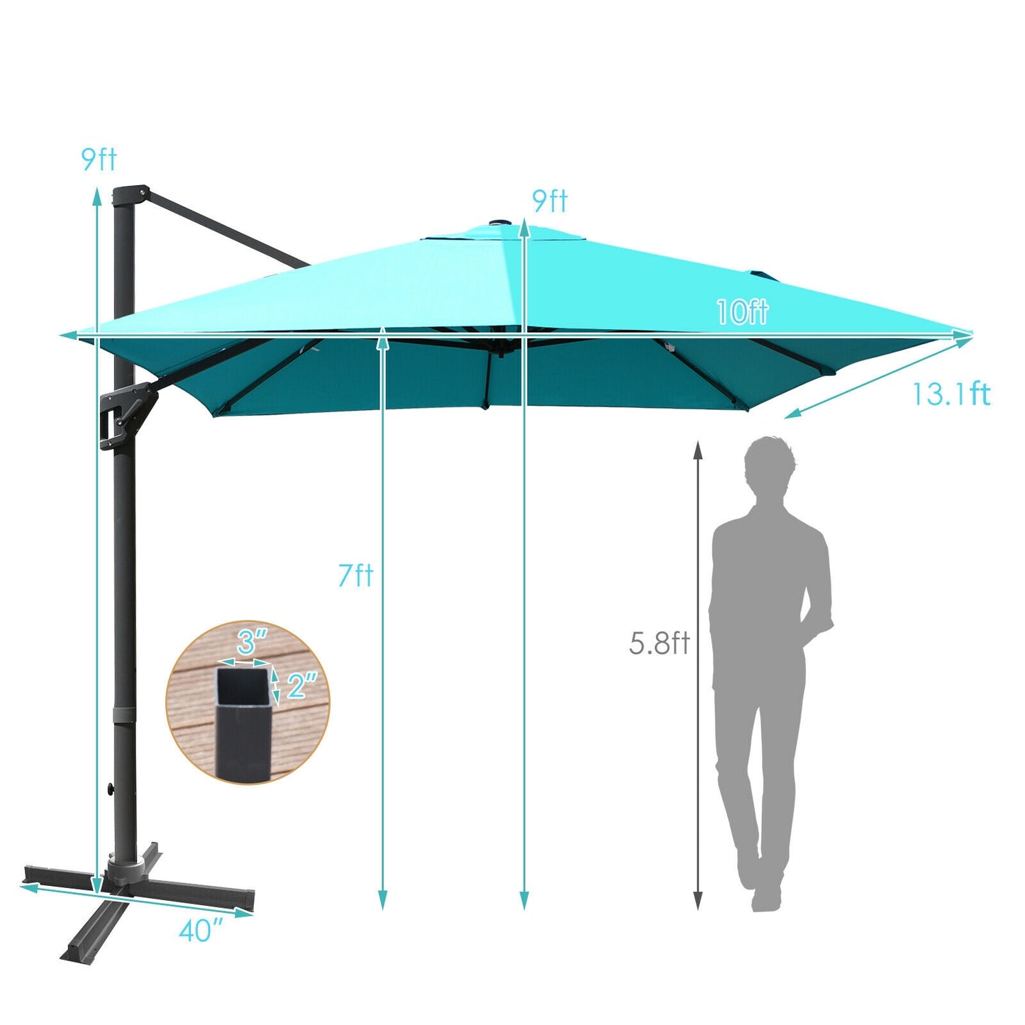 10 x13 Feet Rectangular Cantilever Umbrella with 360° Rotation Function-Turquoise Kids Crystal