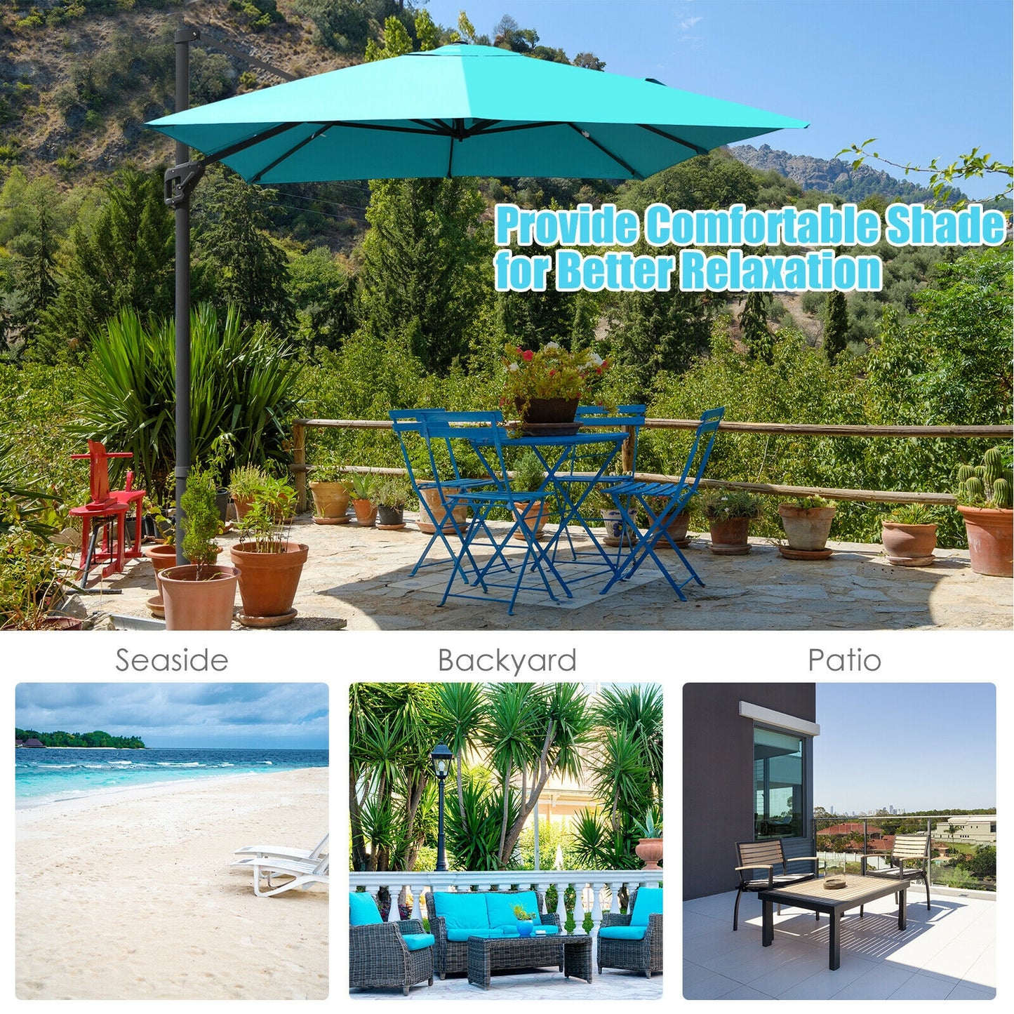 10 x13 Feet Rectangular Cantilever Umbrella with 360° Rotation Function-Turquoise Kids Crystal