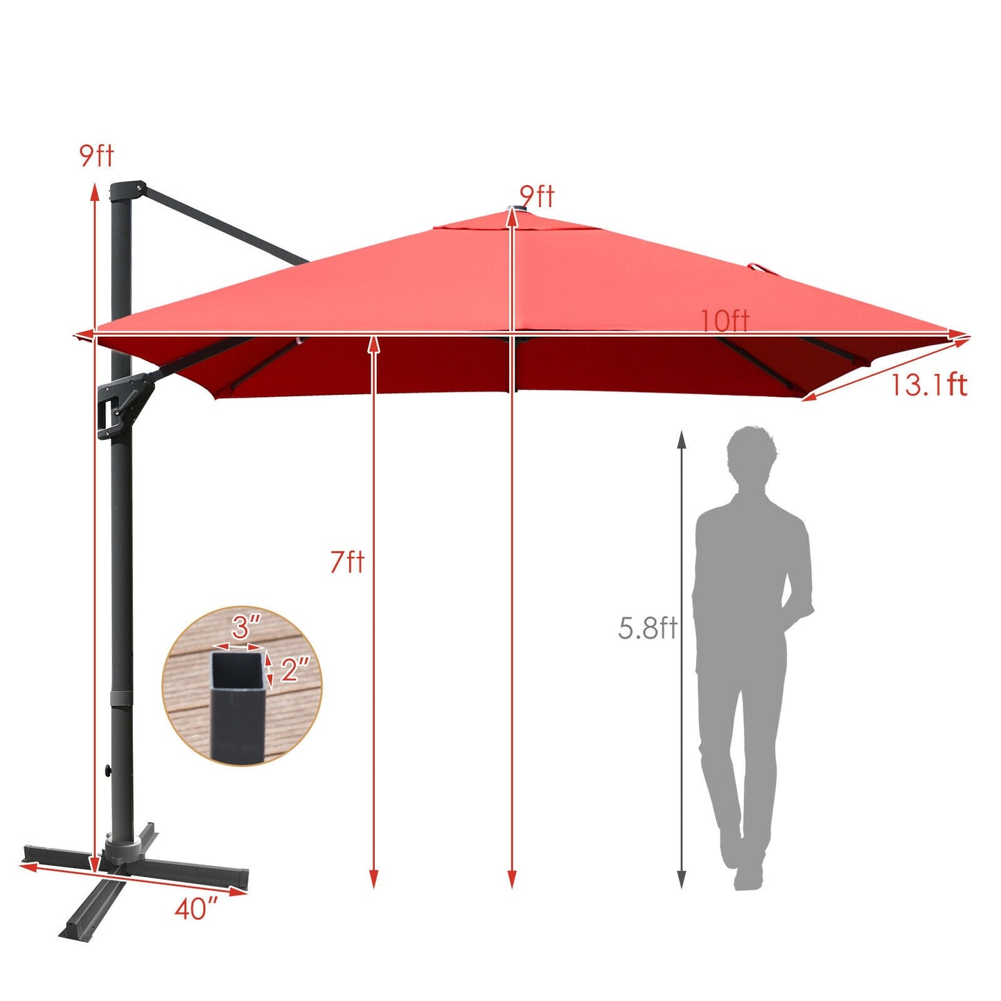 10 x13 Feet Rectangular Cantilever Umbrella with 360° Rotation Function-Orange Kids Crystal