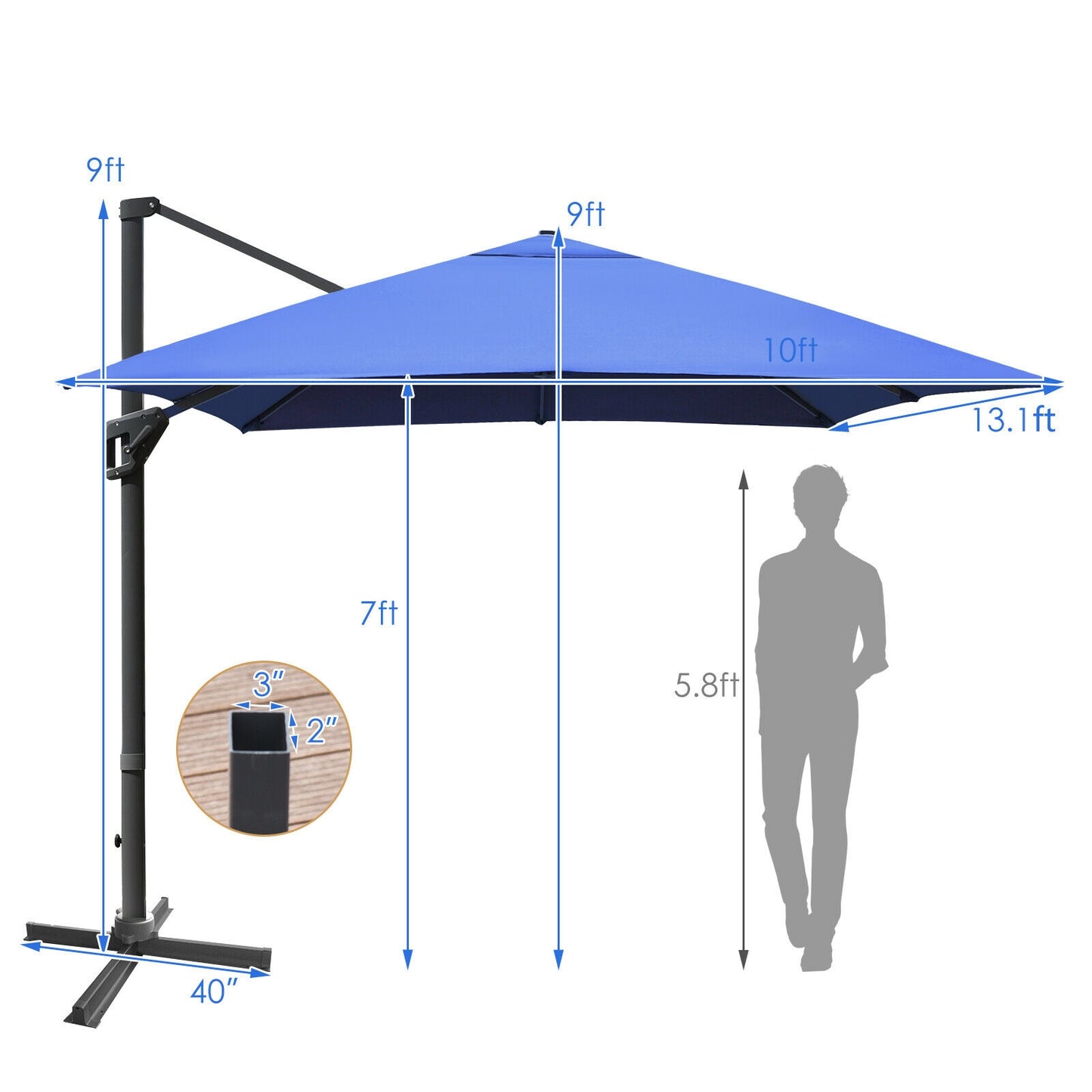 10 x13 Feet Rectangular Cantilever Umbrella with 360° Rotation Function-Navy Kids Crystal