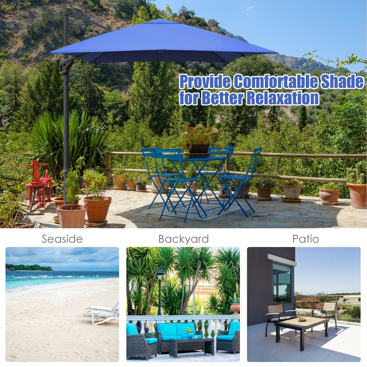 10 x13 Feet Rectangular Cantilever Umbrella with 360° Rotation Function-Navy Kids Crystal