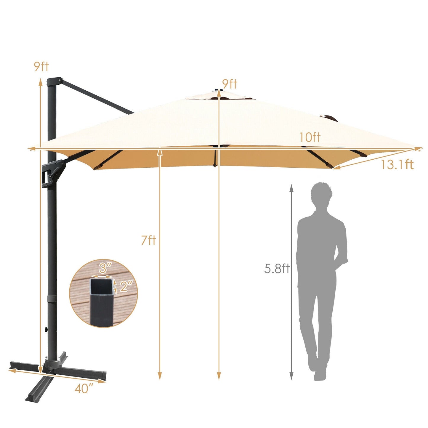 10 x13 Feet Rectangular Cantilever Umbrella with 360° Rotation Function-Beige Kids Crystal