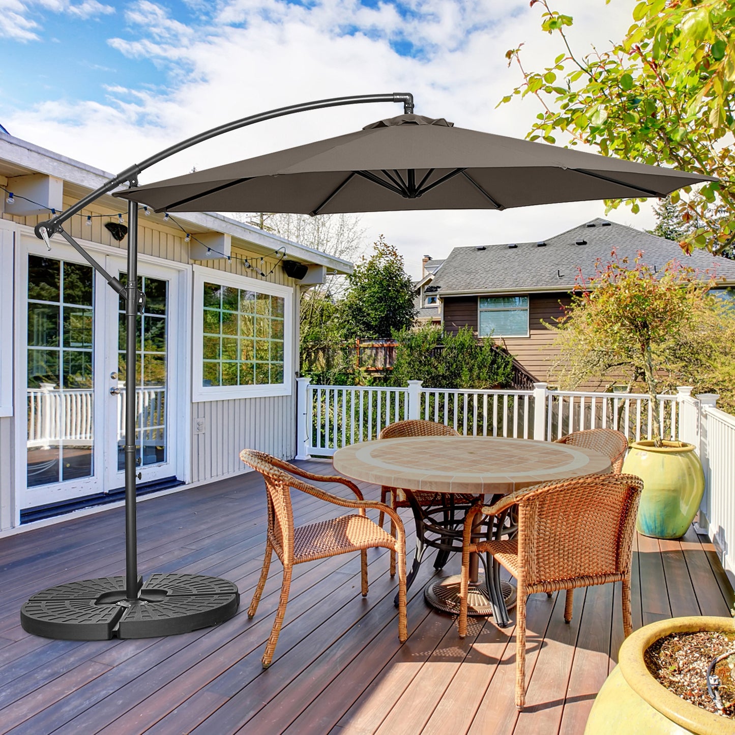 10FT Offset Umbrella with 8 Ribs Cantilever and Cross Base Tilt Adjustment-Brown Kids Crystal