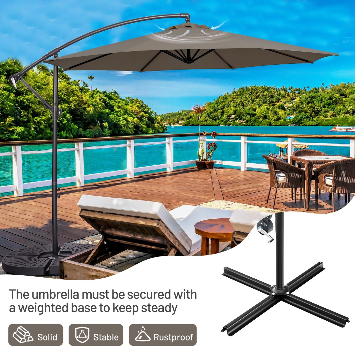 10FT Offset Umbrella with 8 Ribs Cantilever and Cross Base Tilt Adjustment-Brown Kids Crystal