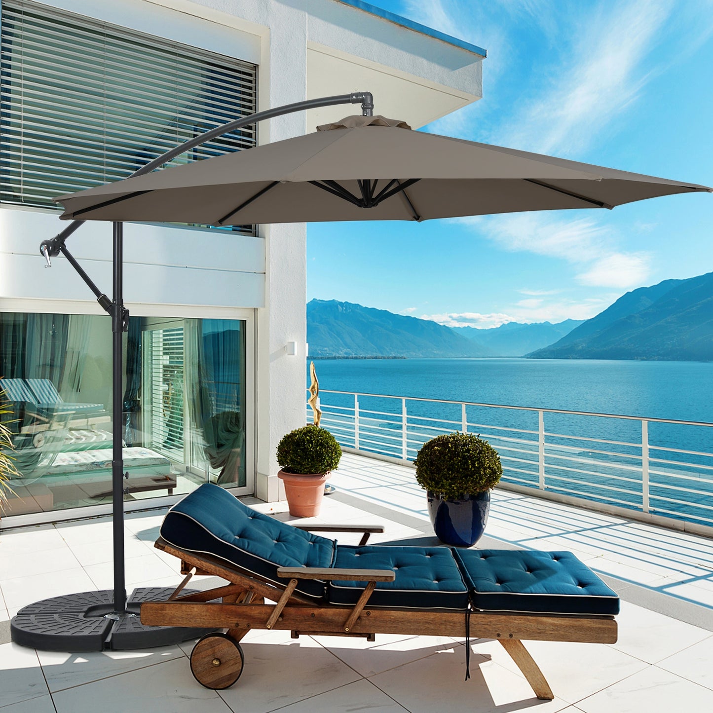 10FT Offset Umbrella with 8 Ribs Cantilever and Cross Base Tilt Adjustment-Brown Kids Crystal