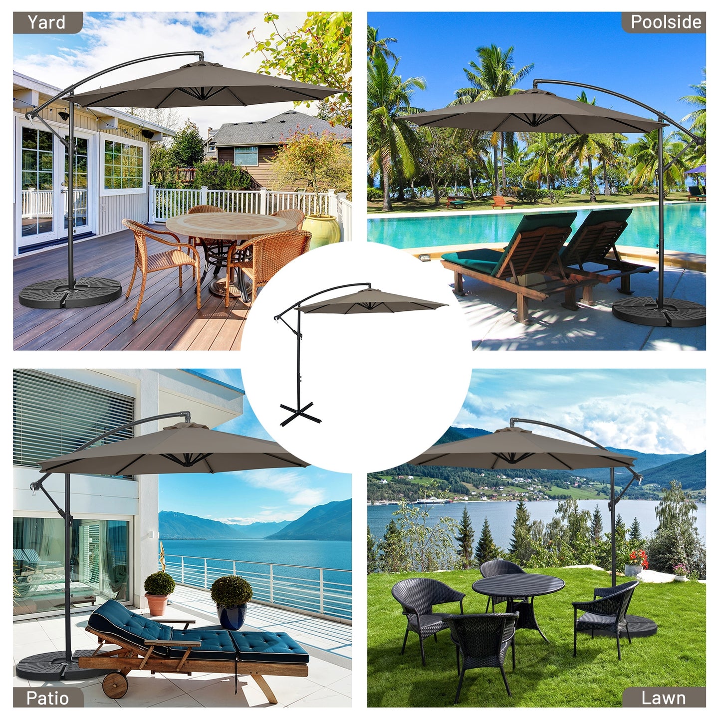 10FT Offset Umbrella with 8 Ribs Cantilever and Cross Base Tilt Adjustment-Brown Kids Crystal