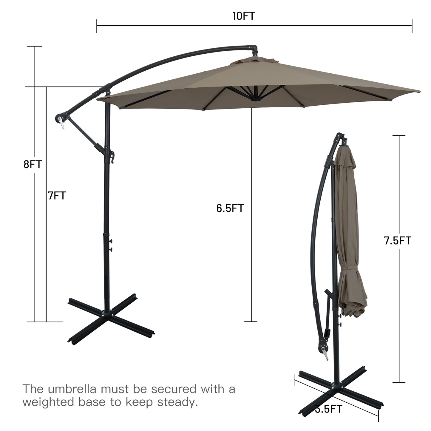 10FT Offset Umbrella with 8 Ribs Cantilever and Cross Base Tilt Adjustment-Brown Kids Crystal