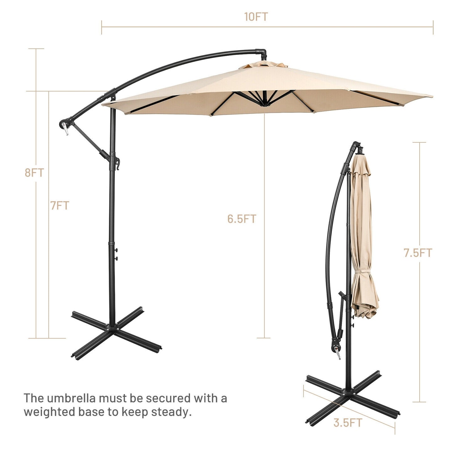10FT Offset Umbrella with 8 Ribs Cantilever and Cross Base Tilt Adjustment-Beige Kids Crystal