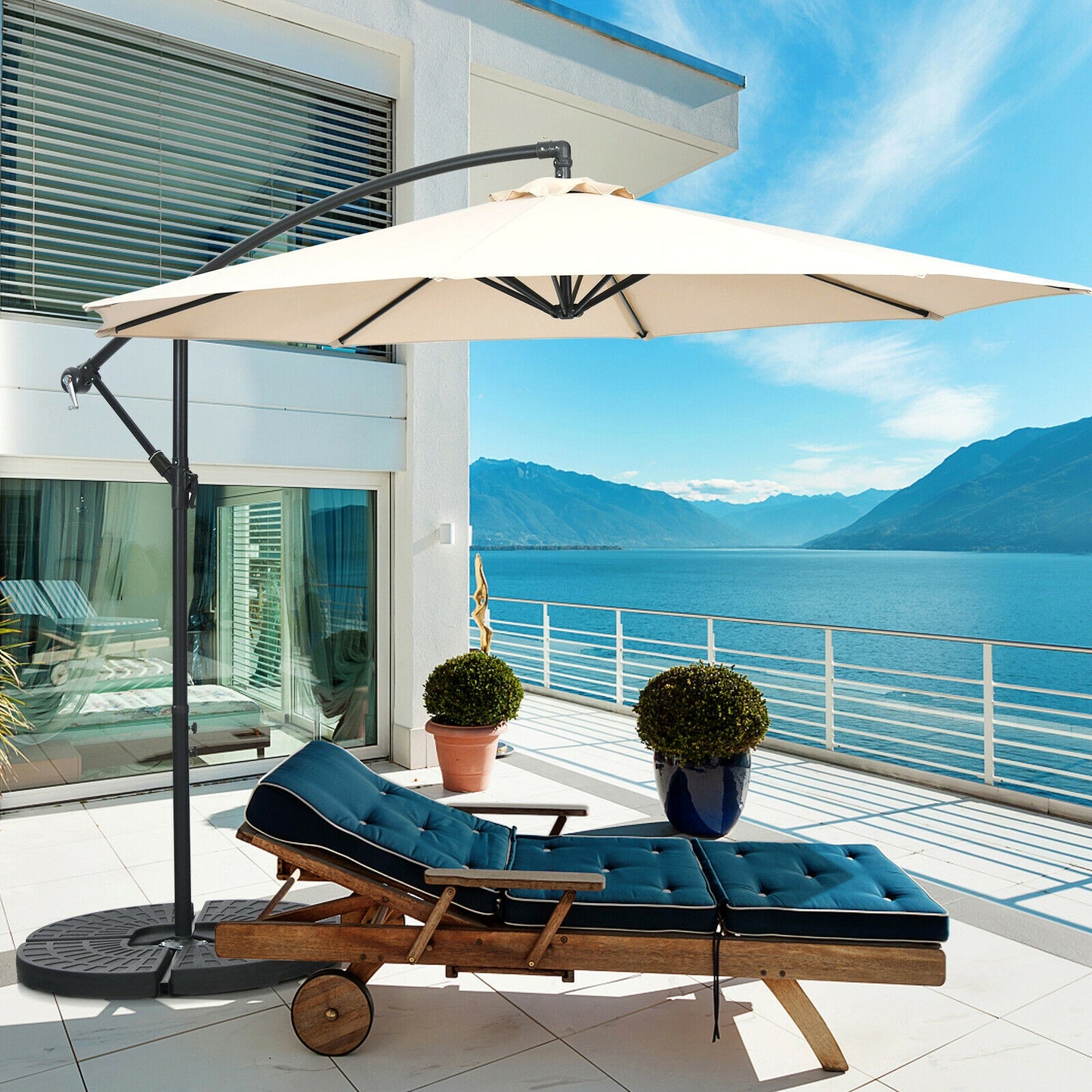 10FT Offset Umbrella with 8 Ribs Cantilever and Cross Base Tilt Adjustment-Beige Kids Crystal