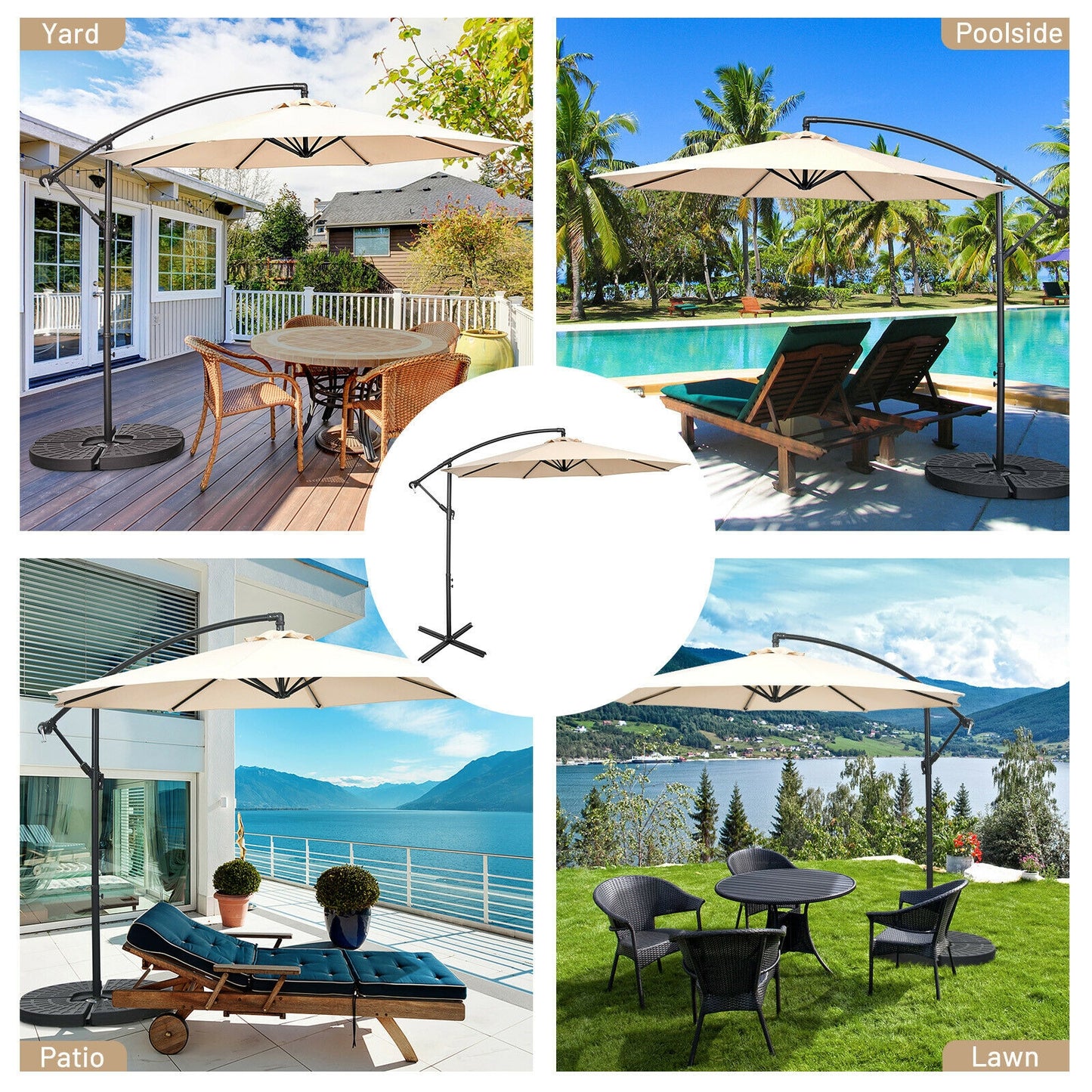 10FT Offset Umbrella with 8 Ribs Cantilever and Cross Base Tilt Adjustment-Beige Kids Crystal