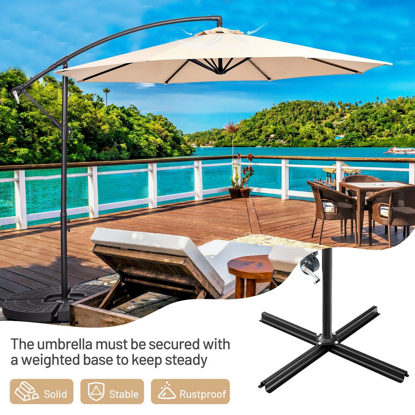 10FT Offset Umbrella with 8 Ribs Cantilever and Cross Base Tilt Adjustment-Beige Kids Crystal