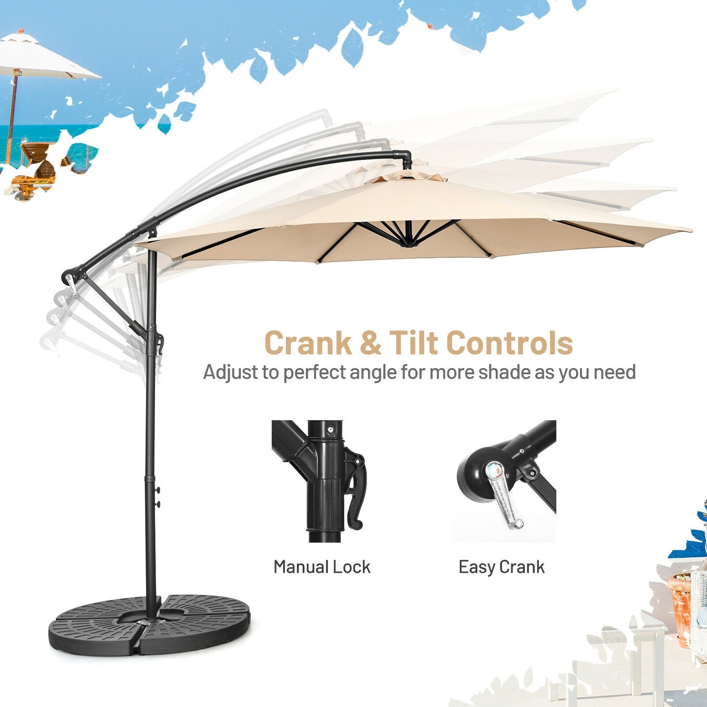 10FT Offset Umbrella with 8 Ribs Cantilever and Cross Base Tilt Adjustment-Beige Kids Crystal