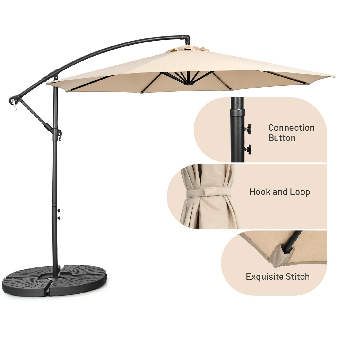 10FT Offset Umbrella with 8 Ribs Cantilever and Cross Base Tilt Adjustment-Beige Kids Crystal