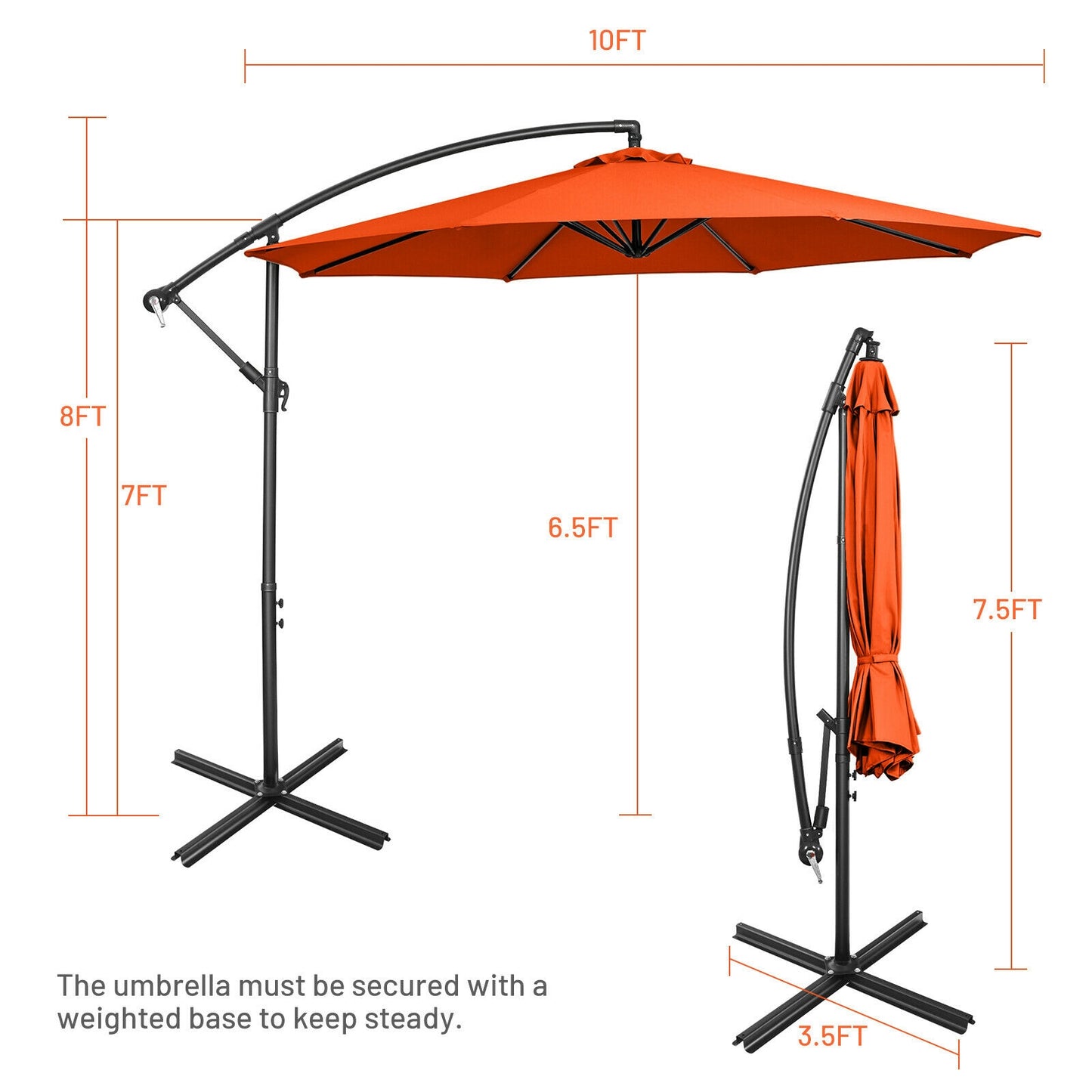 10FT Offset Umbrella with 8 Ribs Cantilever and Cross Base Tilt Adjustment-Orange Kids Crystal