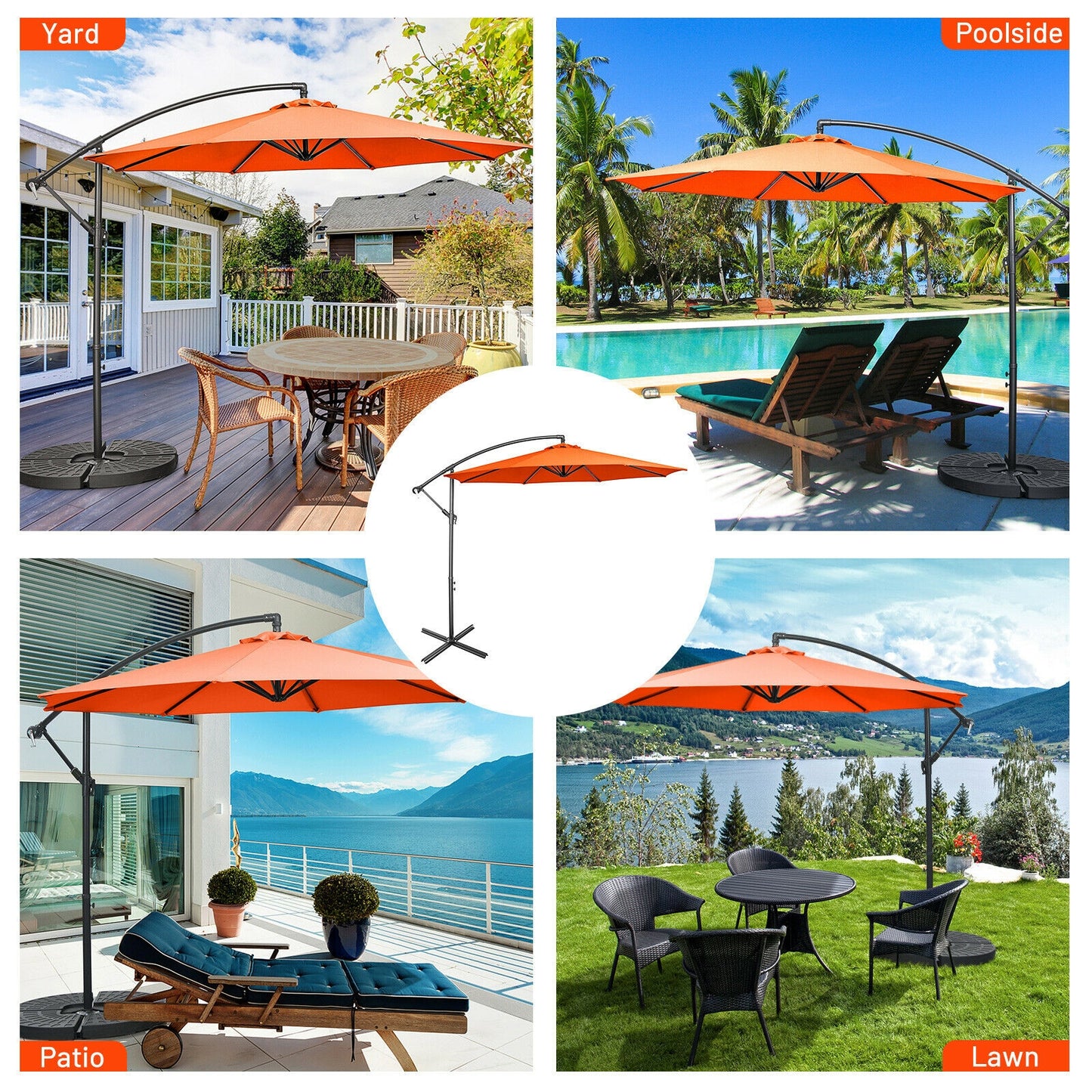 10FT Offset Umbrella with 8 Ribs Cantilever and Cross Base Tilt Adjustment-Orange Kids Crystal