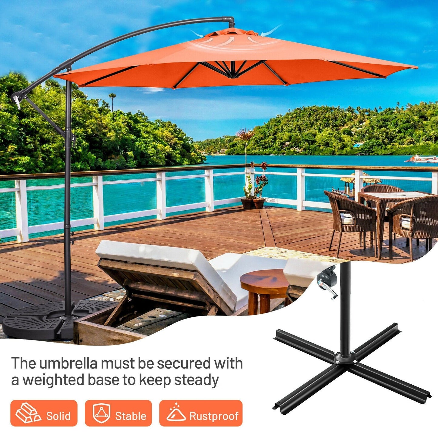10FT Offset Umbrella with 8 Ribs Cantilever and Cross Base Tilt Adjustment-Orange Kids Crystal