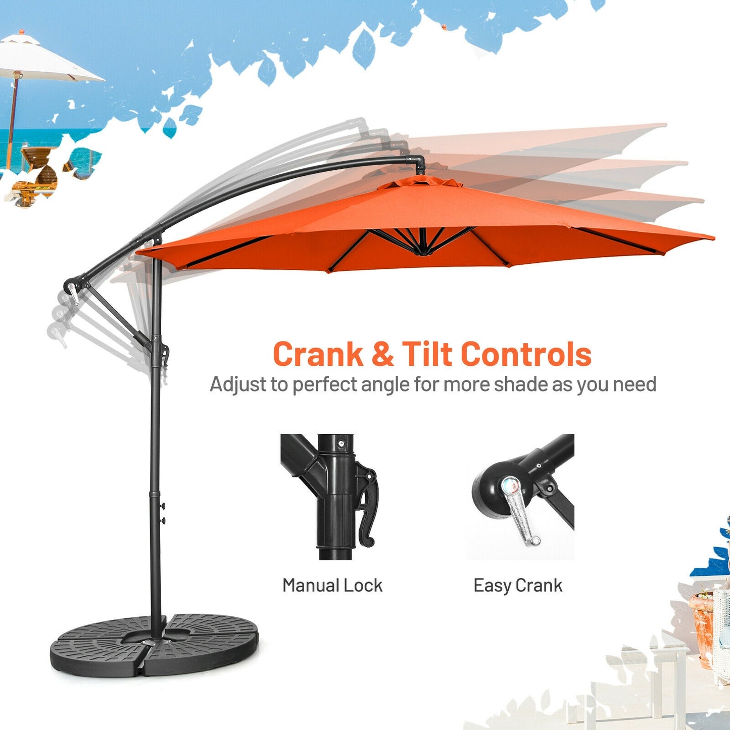 10FT Offset Umbrella with 8 Ribs Cantilever and Cross Base Tilt Adjustment-Orange Kids Crystal