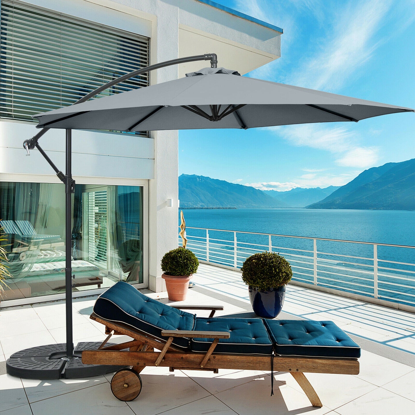 10FT Offset Umbrella with 8 Ribs Cantilever and Cross Base Tilt Adjustment-Gray Kids Crystal