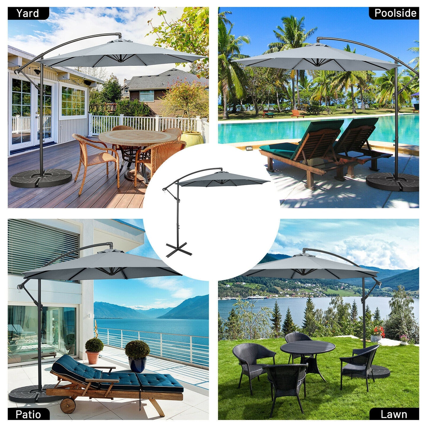 10FT Offset Umbrella with 8 Ribs Cantilever and Cross Base Tilt Adjustment-Gray Kids Crystal