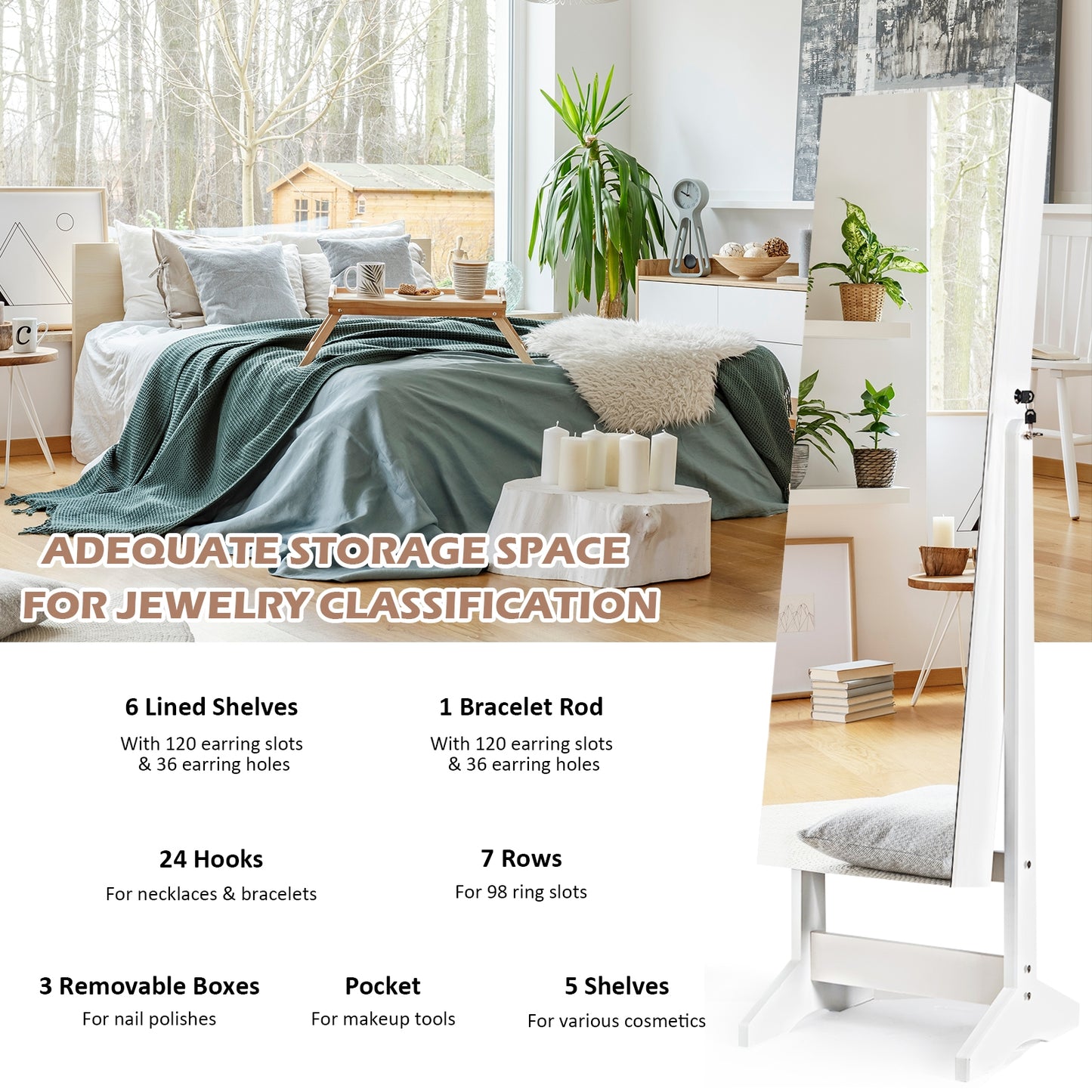 Standing Jewelry Armoire Cabinet with Full Length Mirror-White Kids Crystal