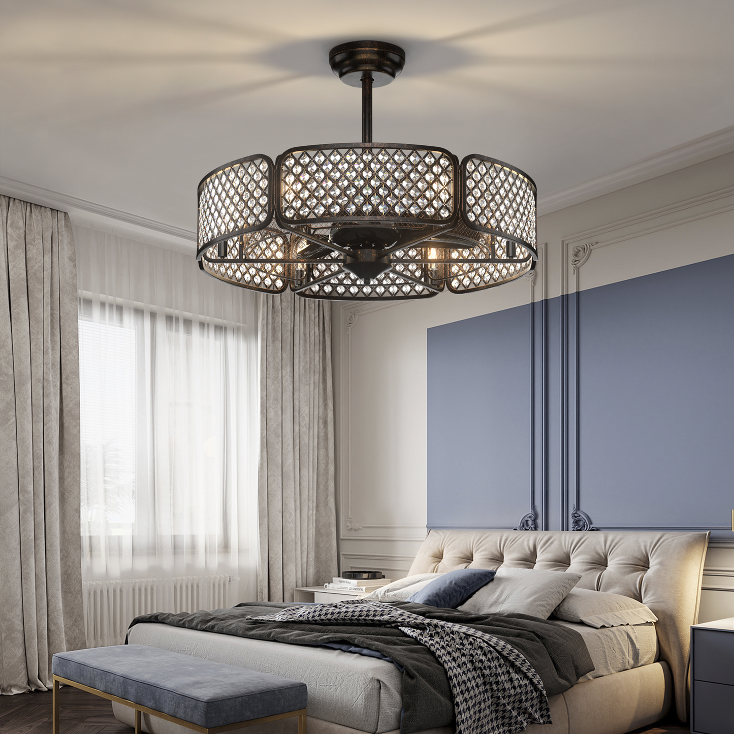 30 Inch Caged Ceiling Fan With Light Crystal Lampshade 6 Light Bases-Coffee Kids Crystal