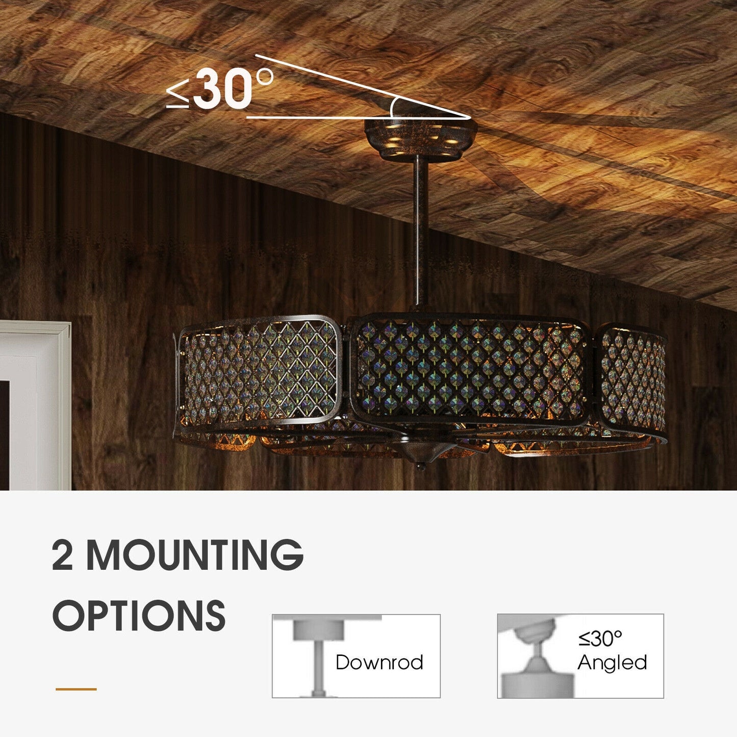 30 Inch Caged Ceiling Fan With Light Crystal Lampshade 6 Light Bases-Coffee Kids Crystal