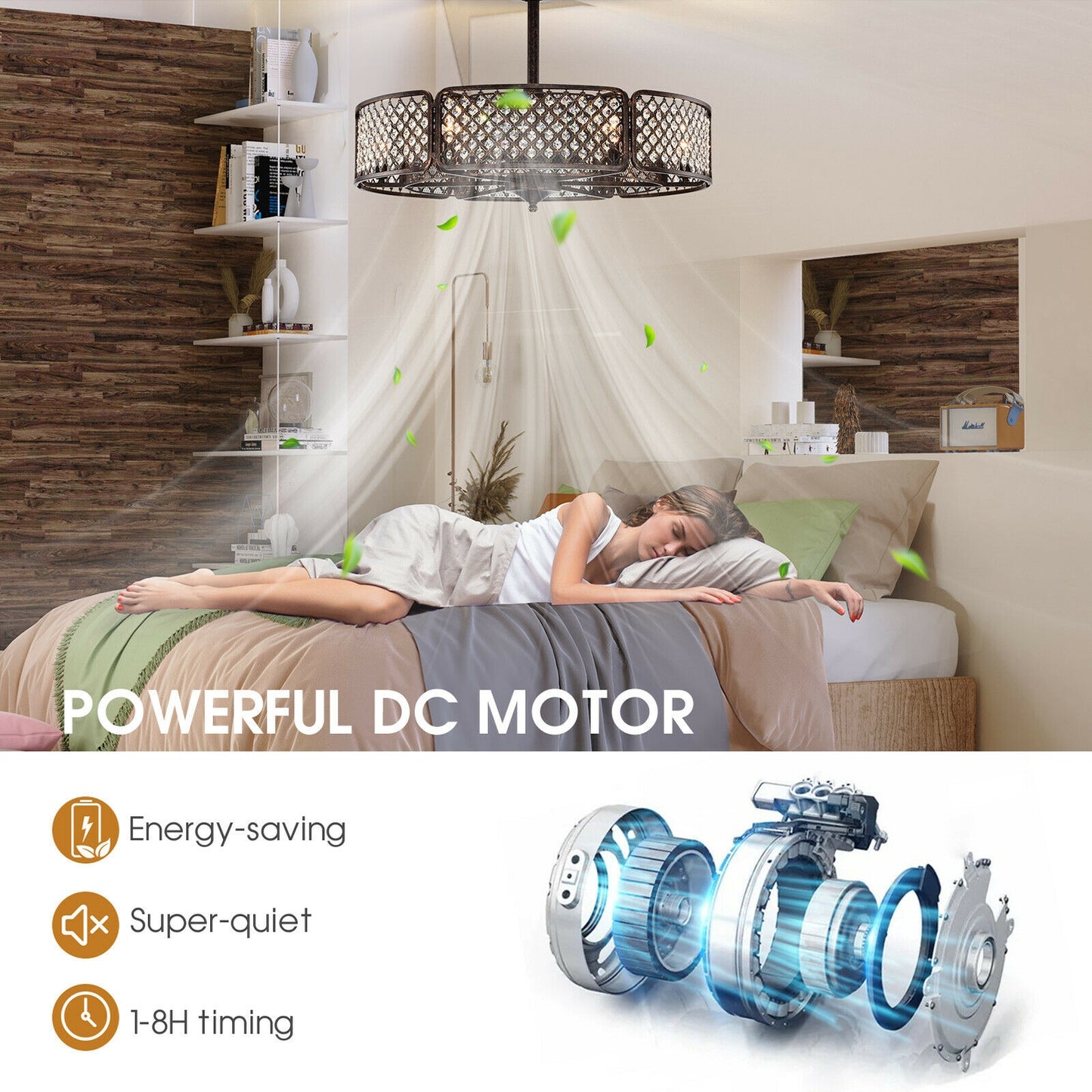 30 Inch Caged Ceiling Fan With Light Crystal Lampshade 6 Light Bases-Coffee Kids Crystal