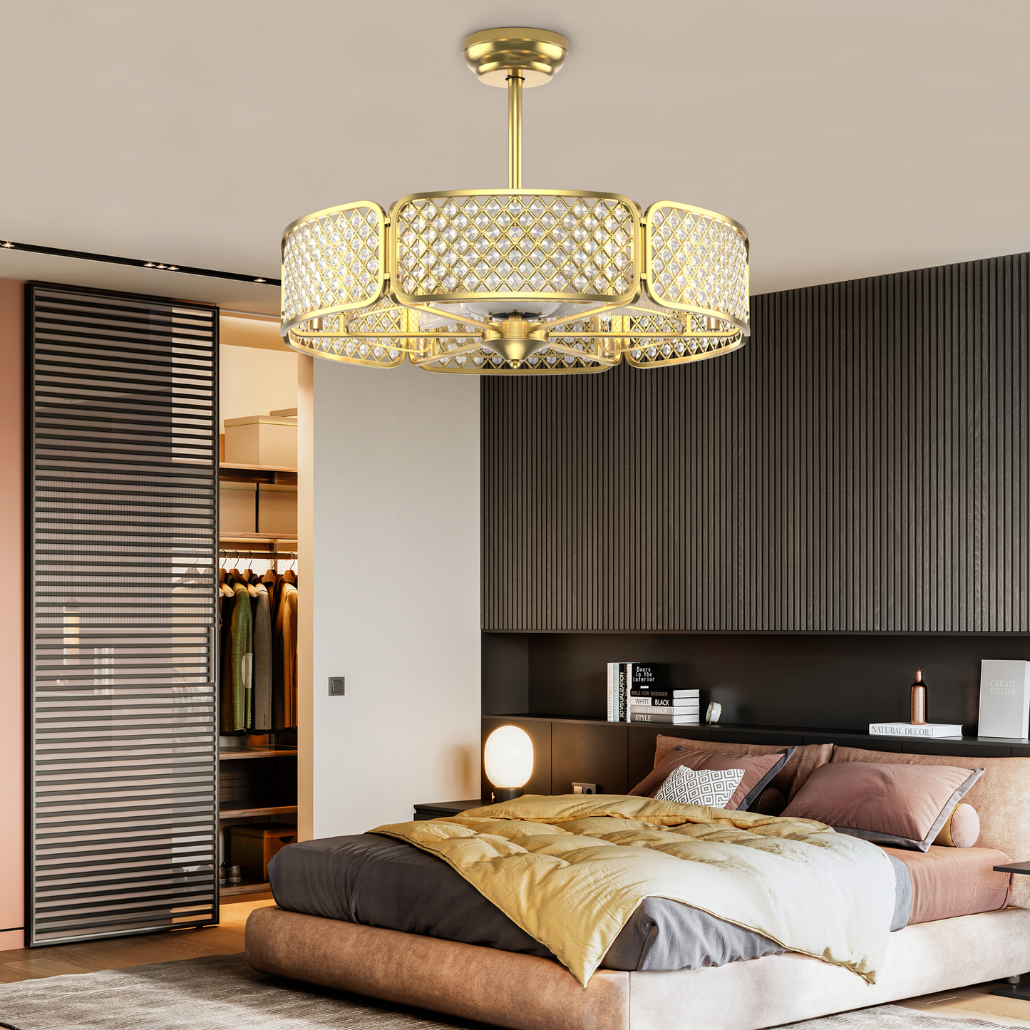 30 Inch Caged Ceiling Fan With Light Crystal Lampshade 6 Light Bases-Golden Kids Crystal