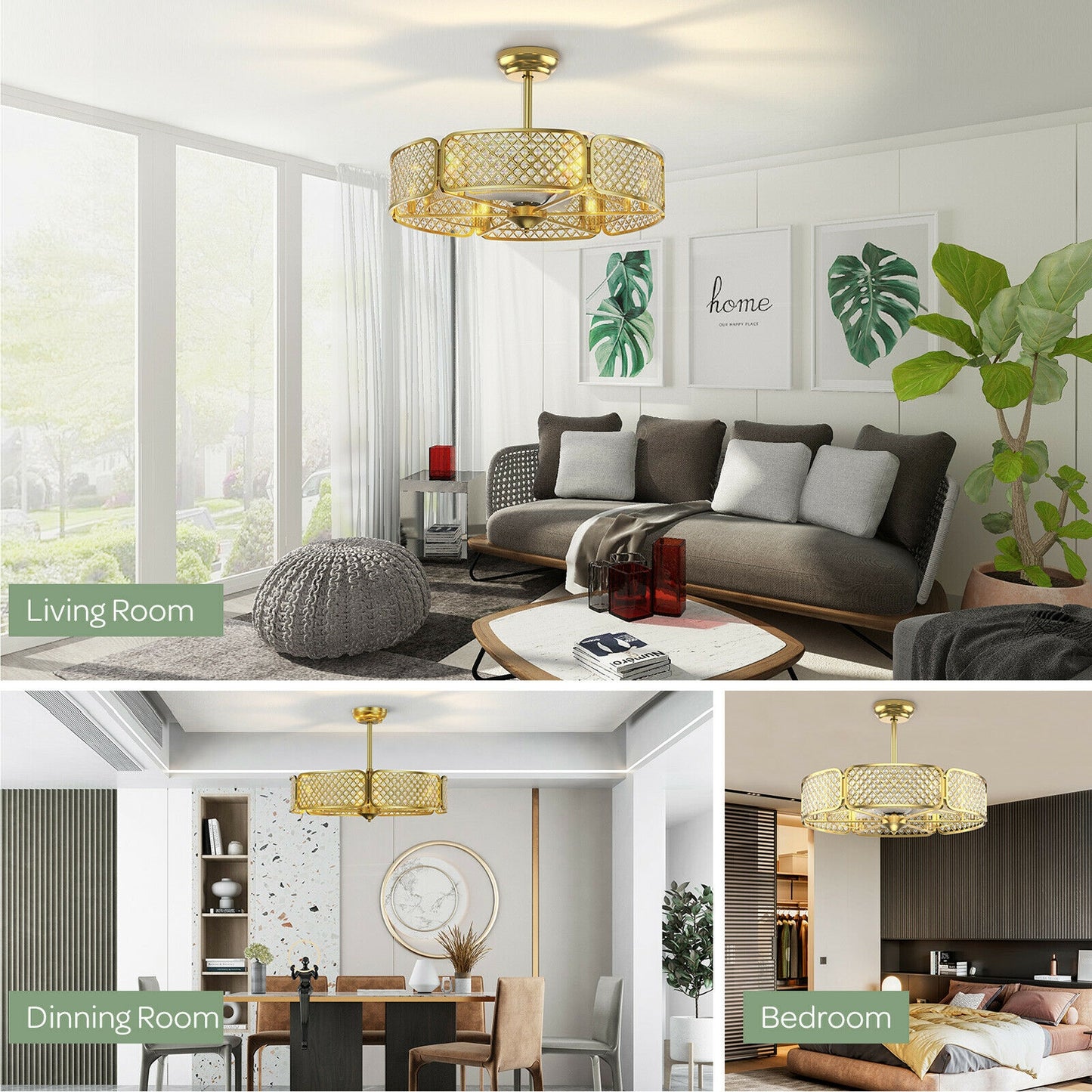 30 Inch Caged Ceiling Fan With Light Crystal Lampshade 6 Light Bases-Golden Kids Crystal