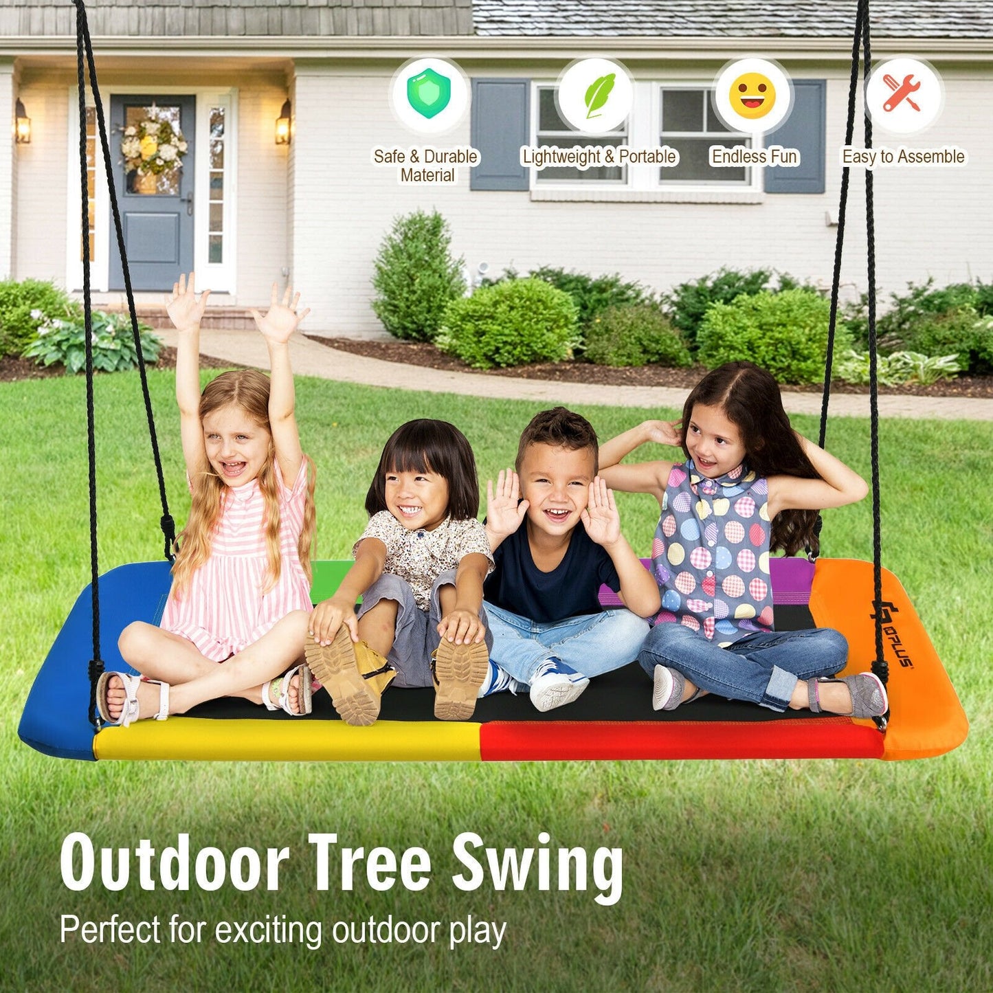 60 Inch Platform Tree Swing Outdoor with 2 Hanging Straps-Multicolor Kids Crystal