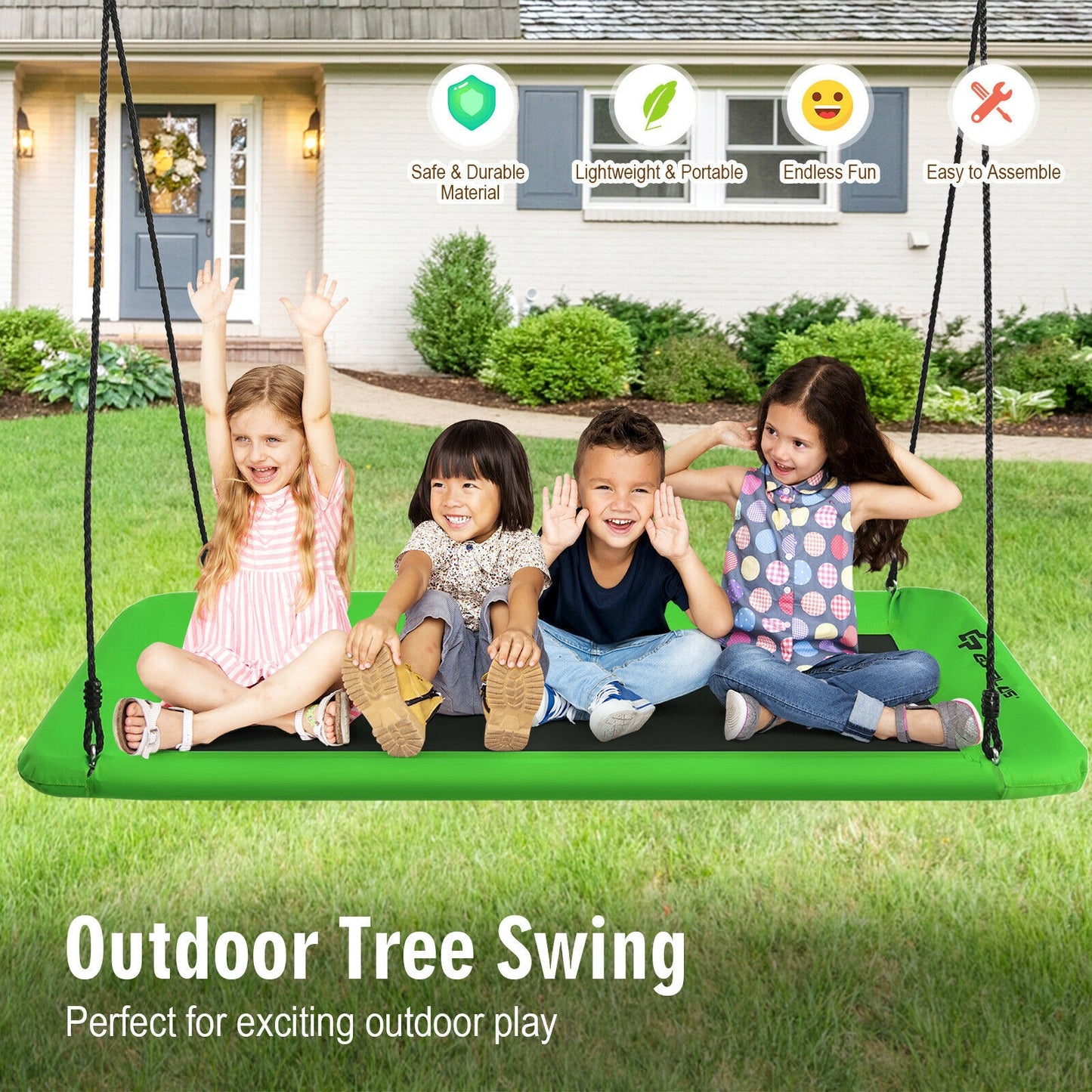 60 Inch Platform Tree Swing Outdoor with 2 Hanging Straps-Green Kids Crystal
