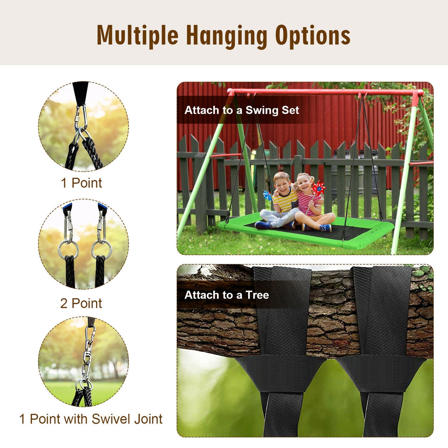 60 Inch Platform Tree Swing Outdoor with 2 Hanging Straps-Green Kids Crystal