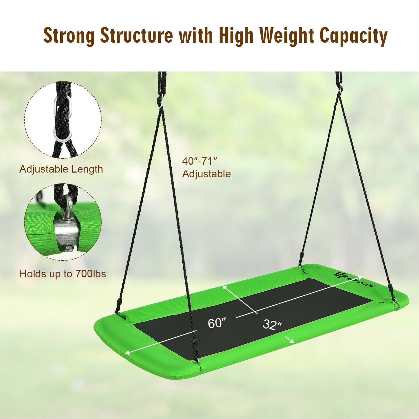60 Inch Platform Tree Swing Outdoor with 2 Hanging Straps-Green Kids Crystal
