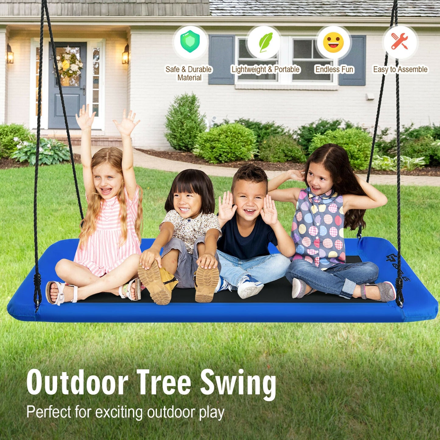 60 Inch Platform Tree Swing Outdoor with 2 Hanging Straps-Blue Kids Crystal