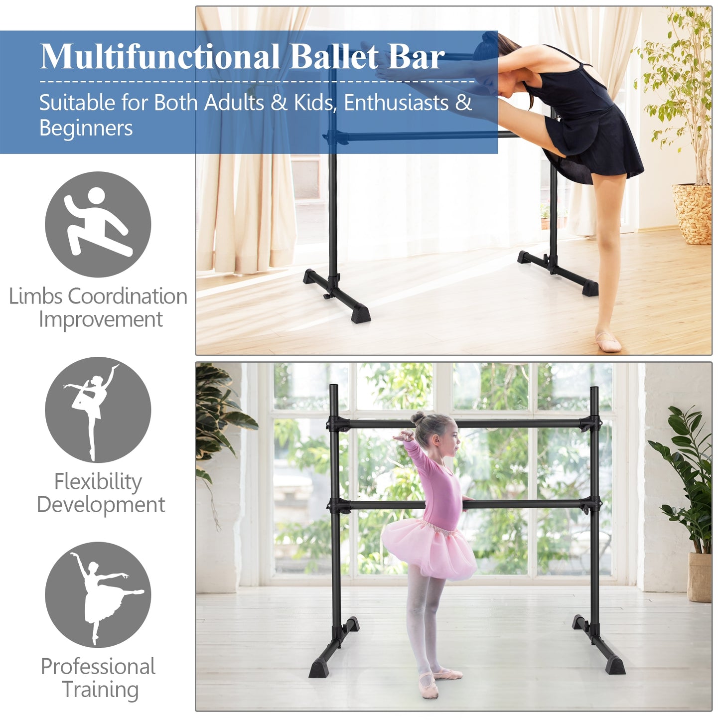 4 Feet Portable Double Freestanding Barre Dancing Stretching-Black Kids Crystal