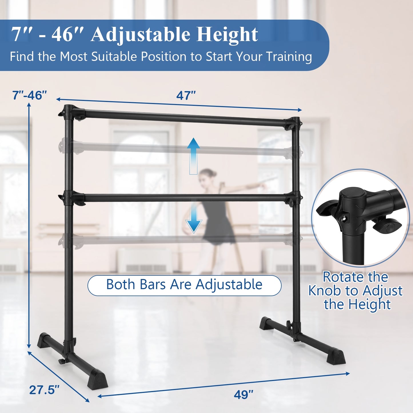 4 Feet Portable Double Freestanding Barre Dancing Stretching-Black Kids Crystal
