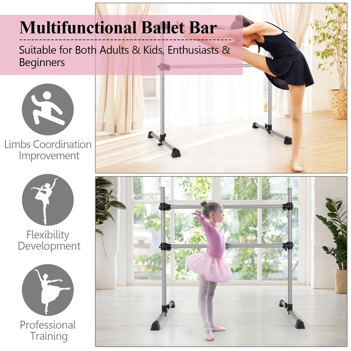 4 Feet Portable Double Freestanding Barre Dancing Stretching-Silver Kids Crystal