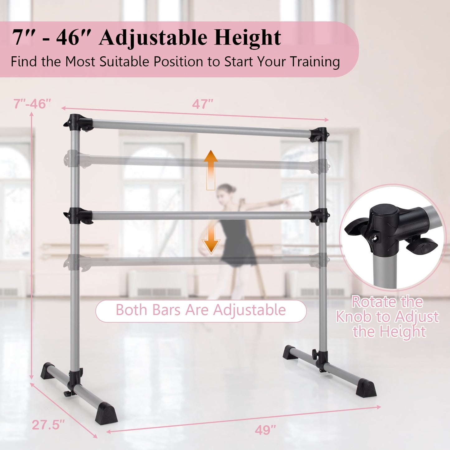 4 Feet Portable Double Freestanding Barre Dancing Stretching-Silver Kids Crystal