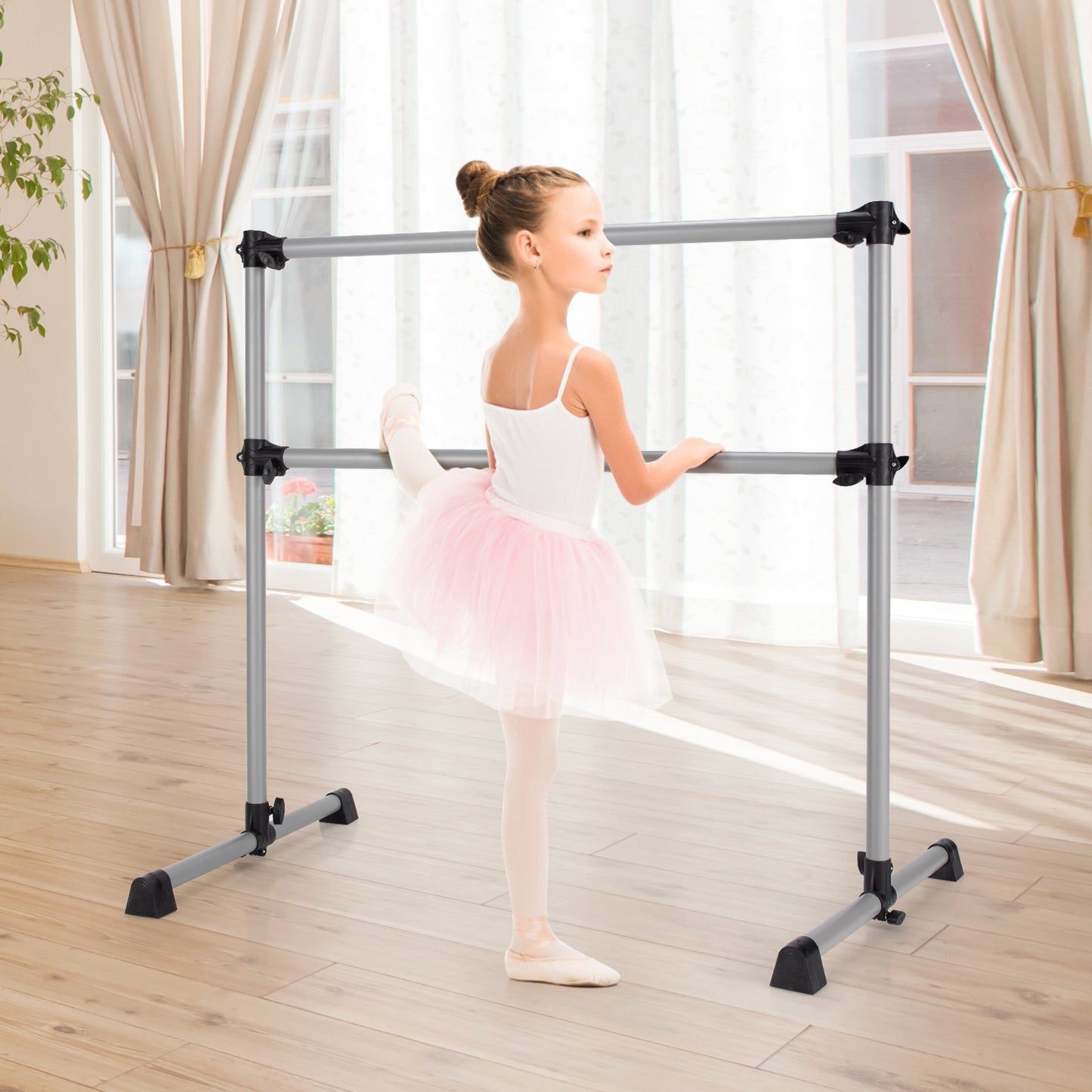 4 Feet Portable Double Freestanding Barre Dancing Stretching-Silver Kids Crystal