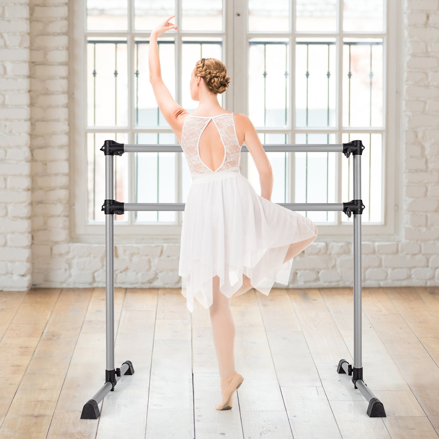4 Feet Portable Double Freestanding Barre Dancing Stretching-Silver Kids Crystal