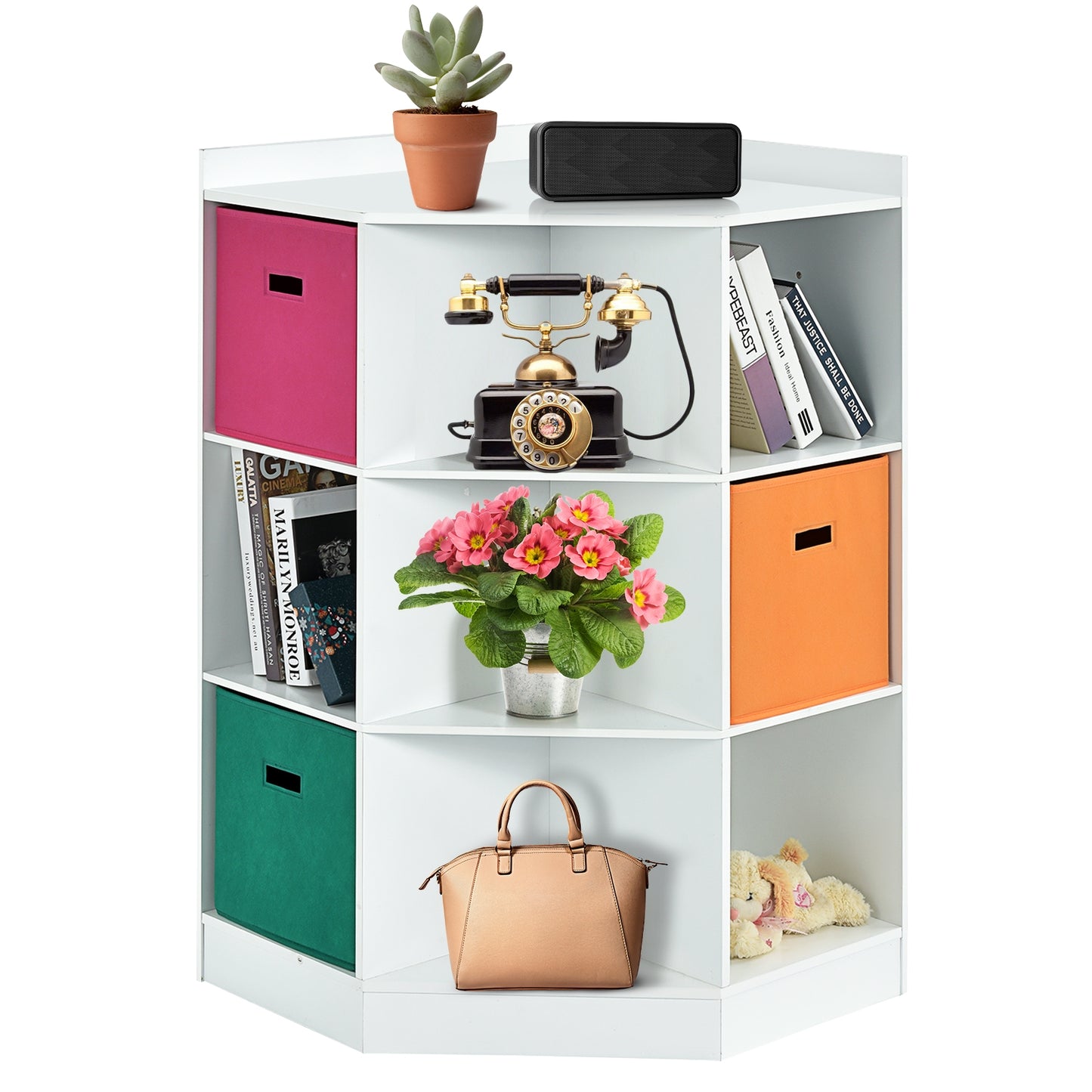 3-Tier 9-Cubby Kids Storage Shelf Corner Cabinet with 3 Baskets-White Kids Crystal