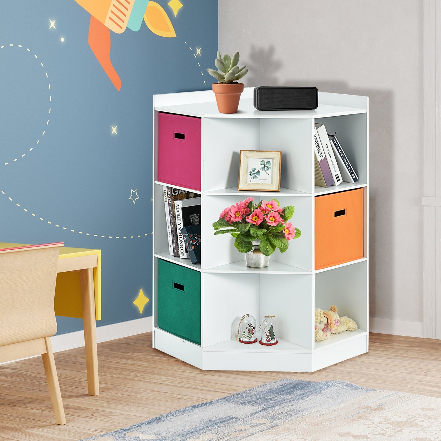 3-Tier 9-Cubby Kids Storage Shelf Corner Cabinet with 3 Baskets-White Kids Crystal