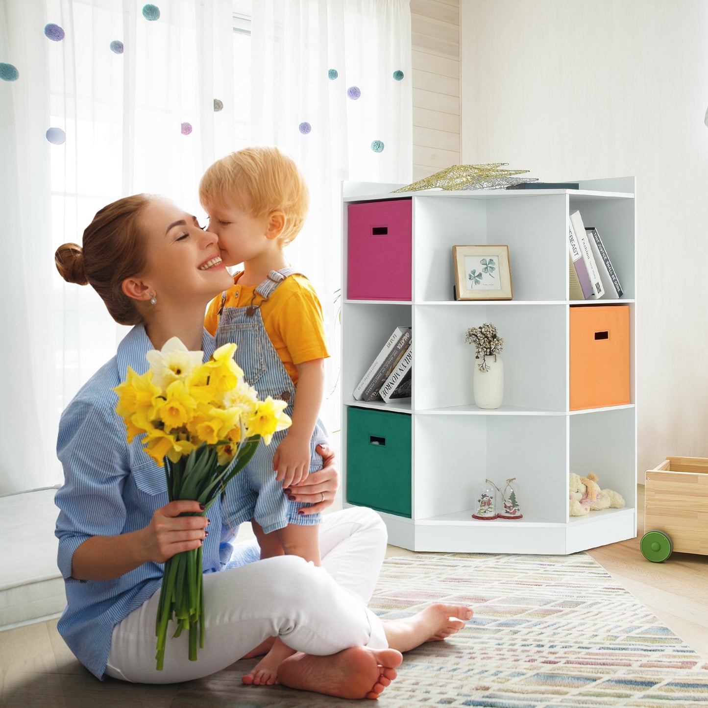 3-Tier 9-Cubby Kids Storage Shelf Corner Cabinet with 3 Baskets-White Kids Crystal